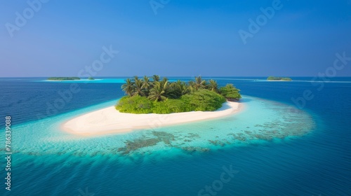 Tranquil maldives island beach aerial view of luxury resort amidst palm trees on white sandy shore