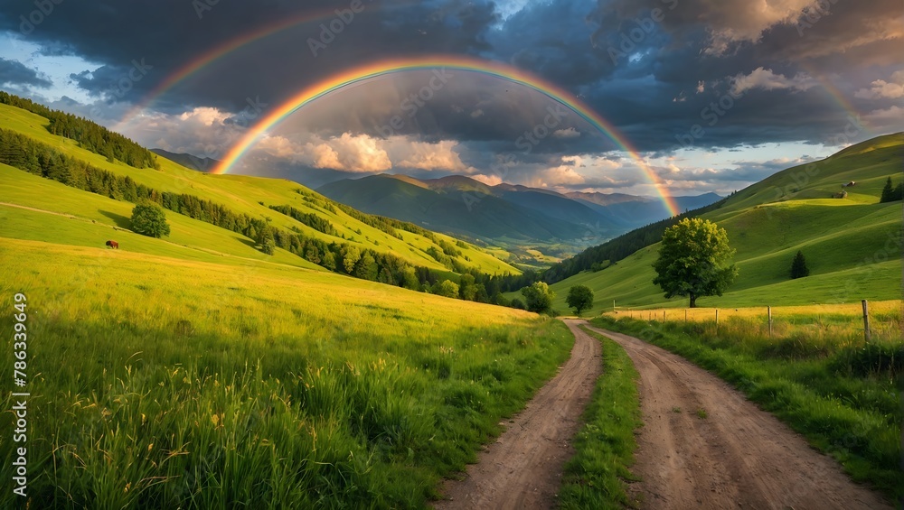 Obraz premium Amazing-scene-in-summer-mountains--Lush-green-grassy-meadows-in-fantastic-evening-sunlight--Rural-road-and-beautyful-rainbow-in-dramatic-sky--Landscape-photography