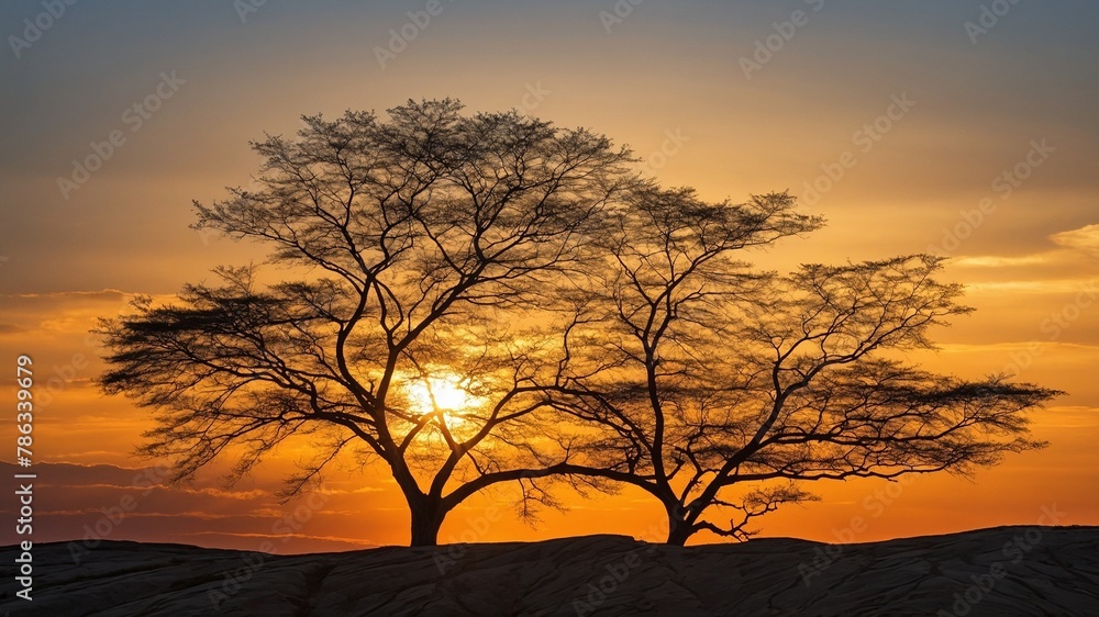 Breathtaking sunset paints sky with warm hues of orange, yellow, casting silhouettes of two majestic trees standing side by side against illuminated backdrop. Sun, nestled between branches.