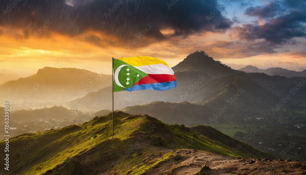The Flag of Comoros On The Mountain. The Flag of Comoros On The Mountain.