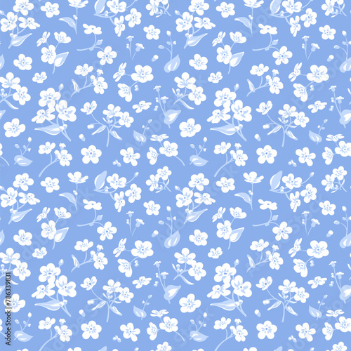 Seamless pattern with light flowers - Myosotis isolated on the blue background. Hand-drawn illustrations of wildflowers. Forget-me-not flower.
