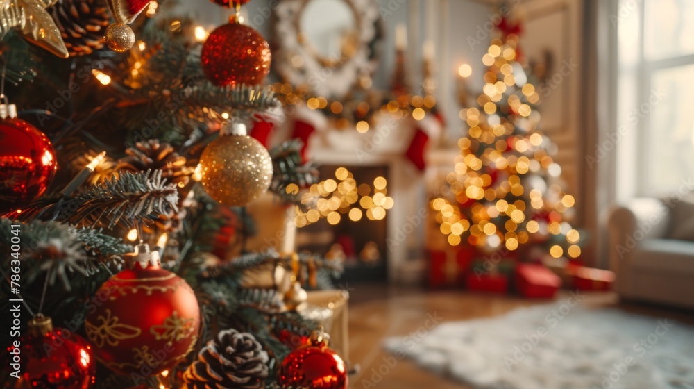 Christmas Interior of festive living room with fireplace. Christmas socks with gifts on fireplace in living room. Festive New Year magic background Christmas Interior of festive living room with fireplace. Christmas socks with gifts on fireplace in living room. Festive New Year magic background