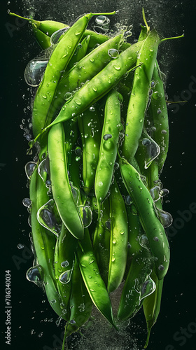 Green beans with water drops on a black background.