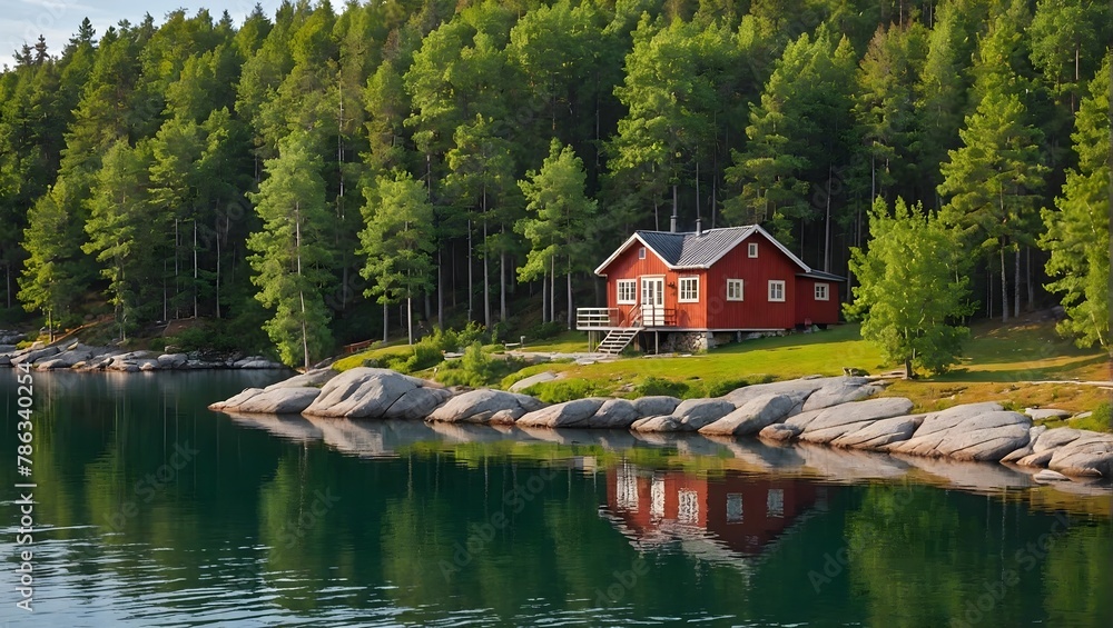 Obraz premium Original name(s): View-on-red-holiday-cabin-by-a-lake-in-Stockholm-archipelago--Sweden--Wooden-cottage--sauna-on-shore--Tiny-house-near-the-water--Rocky-small-island--islet-in-
