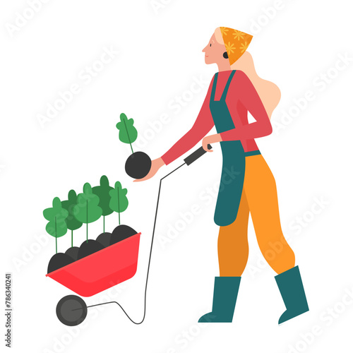 Gardener girl planting plants. Gardening flowers, farming hobby flat vector illustration
