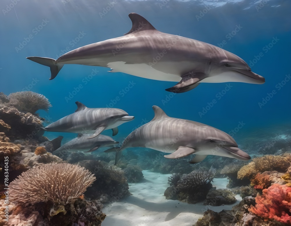 Fototapeta premium Graceful Dolphins Gliding Through a Vibrant Coral Reef Under the Clear Blue Sea