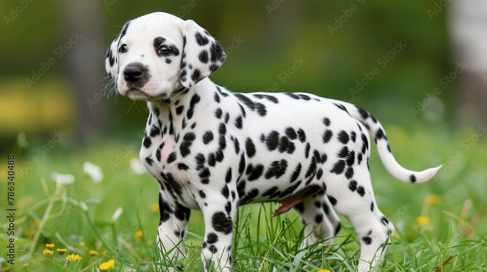 Playful dalmatian puppy joyfully running in a meadow, a delightful sight of spots