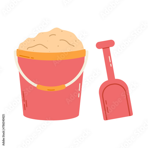 Plastic bucket filled with sand with shovel. Children's summer toys. Isolated flat vector illustration