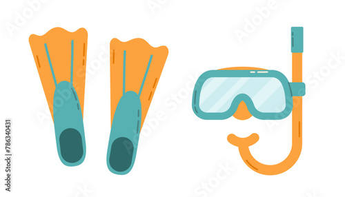 Flippers with snorkel and mask for diving. Flat isolated vector illustration