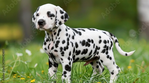 Playful dalmatian puppy joyfully running in a meadow  a delightful sight of spots