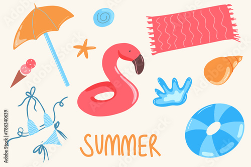 A set of summer beach stickers in retro colors. Vector illustration