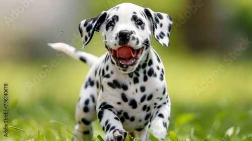 Playful dalmatian puppy joyfully running in a meadow  showcasing its spotted beauty