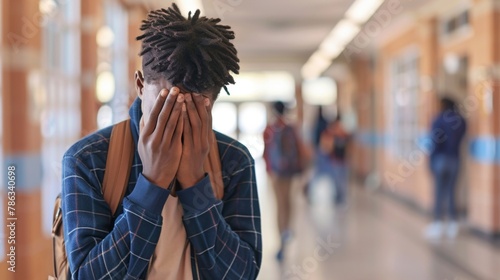 Bullying exclusion at school - Sad lonly african teenager boy alone in the school hallway with his hands in front of his face photo