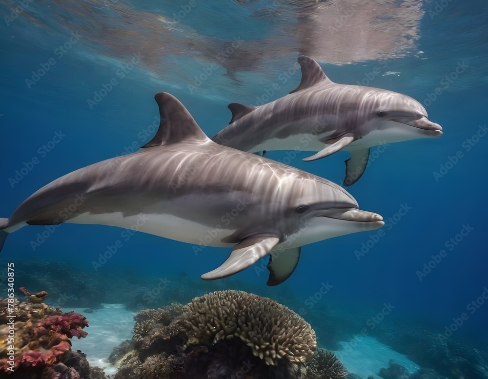 Graceful Dolphins Gliding Through a Vibrant Coral Reef Under the Clear Blue Sea Graceful Dolphins Gliding Through a Vibrant Coral Reef Under the Clear Blue Sea