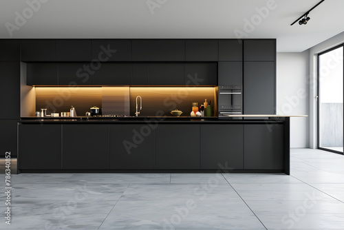 Modern Kitchen with Black Cabinets and White Floor  Ultra Realistic Details