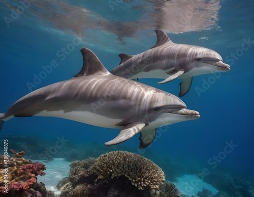 Graceful Dolphins Gliding Through a Vibrant Coral Reef Under the Clear Blue Sea © ElseThen