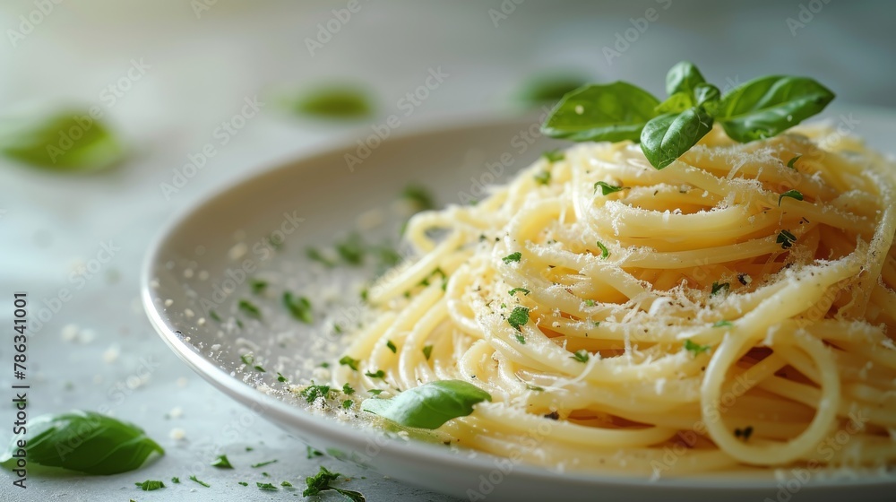 spaghetti carbonara is positioned on the side and next to it there is an empty space with details with a realistic aesthetic effect