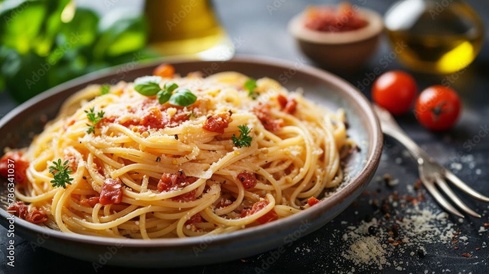 spaghetti carbonara is positioned on the side and next to it there is an empty space with details with a realistic aesthetic effect spaghetti carbonara is positioned on the side and next to it there is an empty space with details with a realistic aesthetic effect