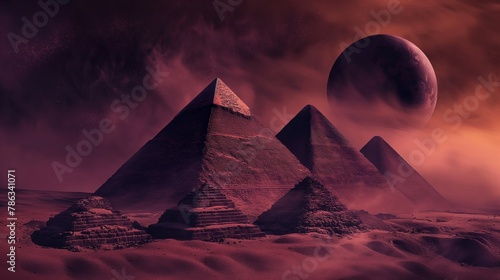 pyramids on dark red alien planet. photo