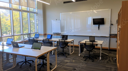 A classroom with a coding station, an empty whiteboard, and laptops stored in charging stations.