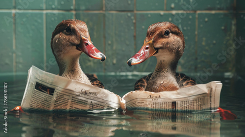 ducks swimming in the aisle are reading a newspaper and making fun of the yellow press, banner photo