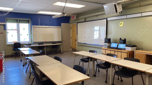 A classroom with a coding station, an empty whiteboard, and laptops stored in charging stations. © mudasir