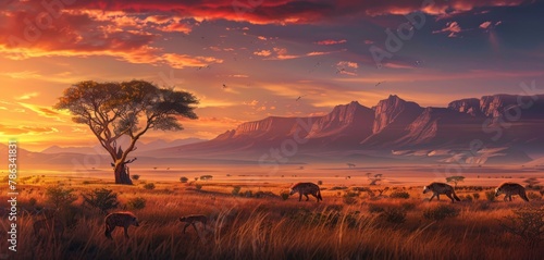 A panoramic scene of a hyena clan moving stealthily through the savanna, the ambient light of sunset casting a serene glow on the landscape and the distant mountains.