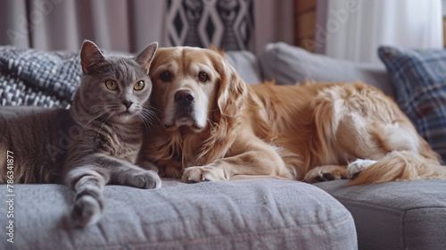 Cute cat and dog on sofa at home. Lovely pets