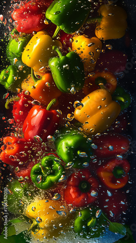 Still life of colorful bell peppers floating in water with bubbles
