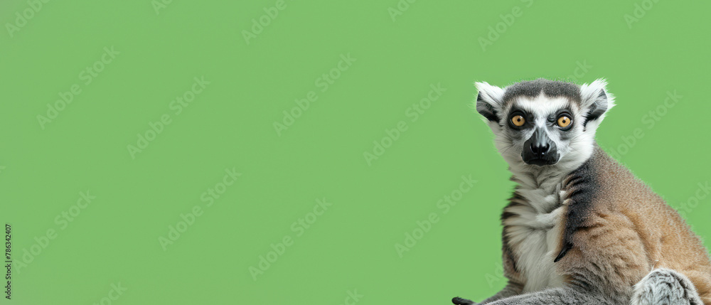 A ring-tailed lemur is captured in an elegant pose on a green background, with face obscured maintaining audience focus on body language