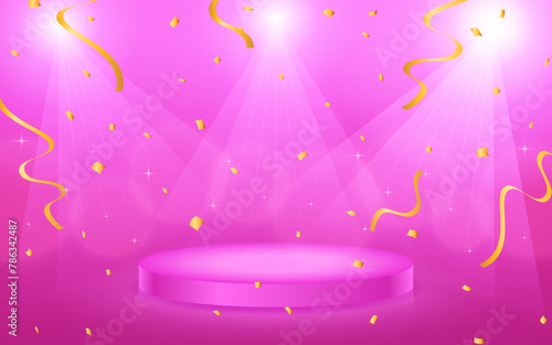 紙吹雪が舞う、スポットライトに照らされたピンク色の舞台の背景イラスト
