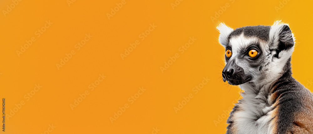 Fototapeta premium A direct frontal view of a ring-tailed lemur looking to the side, with striking eye contact and vivid orange background