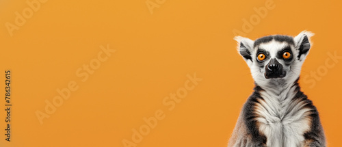 This image captures a ring-tailed lemur seated and attentively gazing forward against an orange backdrop, displaying its full body