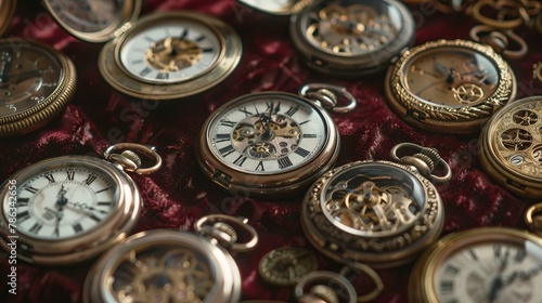 Vintage Pocket Watches Collection on Velvet Cushion Macro Shot.