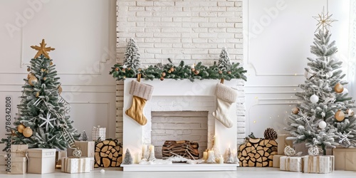 Christmas Interior of festive living room with fireplace. Christmas socks with gifts on fireplace in living room. Festive New Year magic background