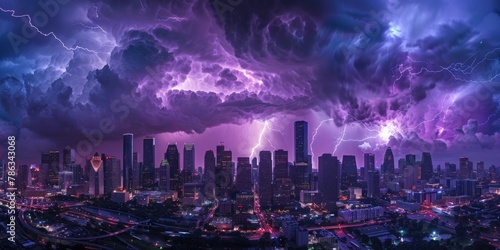 A panoramic view of a city skyline under siege by a lightning storm  with bolts casting a surreal purple glow over the buildings.