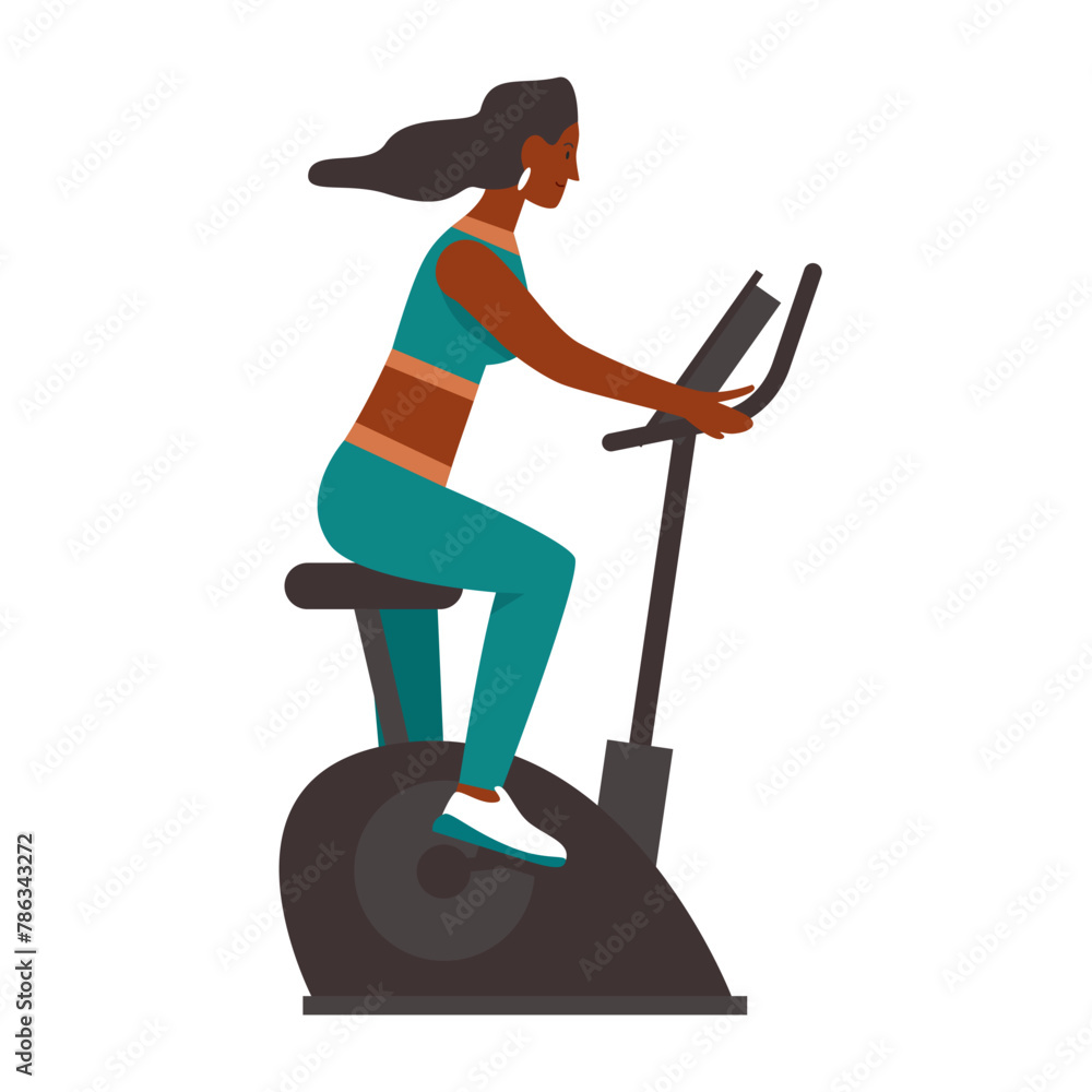 Fototapeta premium Girl on workout bike. Girl with sport equipment, fitness gym accessories flat vector illustration