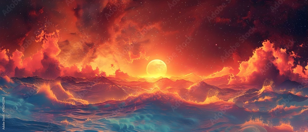 Ethereal Sunset Over Crimson Waves. Concept Nature Photography, Ocean Sunset, Serene Landscape, Vibrant Colors