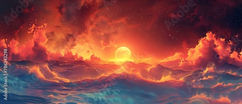 Ethereal Sunset Over Crimson Waves. Concept Nature Photography, Ocean Sunset, Serene Landscape, Vibrant Colors