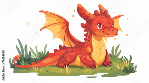 Red dragon sitting on grass. Cute cartoon character in