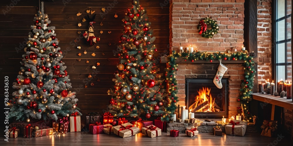 Christmas Interior of festive living room with fireplace. Christmas socks with gifts on fireplace in living room. Festive New Year magic background