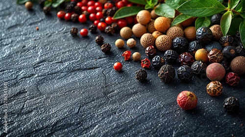 A subtle assortment of peppercorns, featuring shades of red, beige, and black, is artfully displayed in a high-definition image, styled in a minimalist flat lay that is ideal for culinary themes