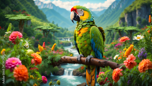 A colorful parrot with an exotic landscape in the background