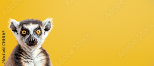 A captivating ring-tailed lemur is the focal point set against a bright yellow background, creating a stunning contrast