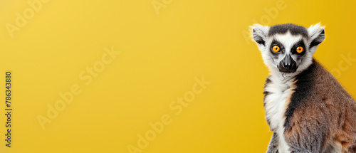 This uniquely edited image of a lemur with a blurred face area creates a sense of mystery and anonymity against a yellow background