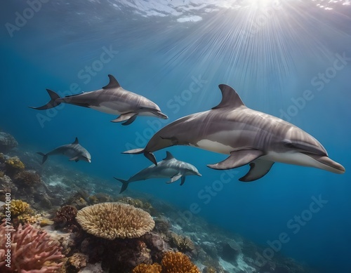 Graceful Dolphins Gliding Through a Vibrant Coral Reef Under the Clear Blue Sea
