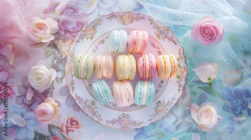 Pastel Macarons Assorted on Floral Plate Still Life.