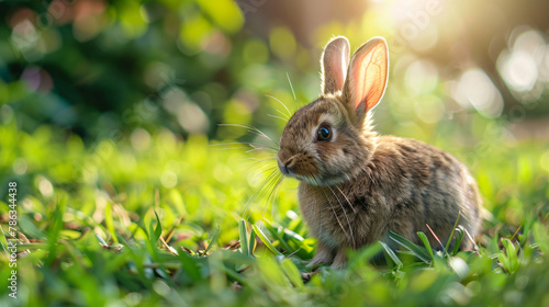 Cute fluffy pet rabbit on green grass outdoors