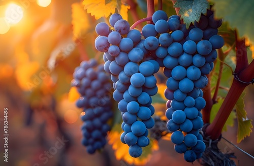 Cluster of red grapes basks in the sunlight and the warm glow of the vineyard behind.