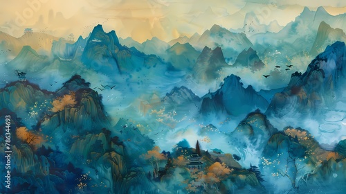 Traditional landscape green golden illustration poster background © jinzhen